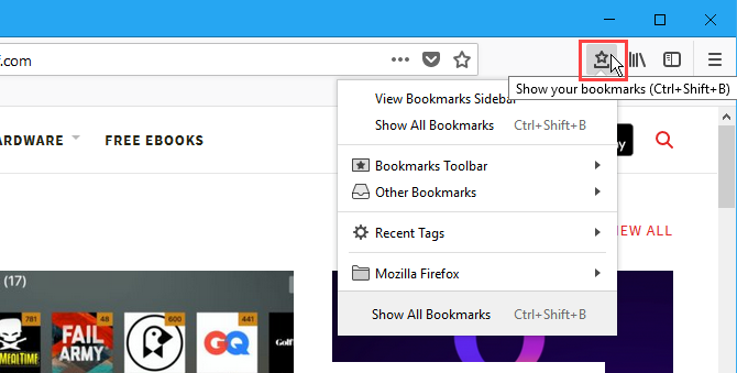 Меню закладок на панели инструментов Firefox