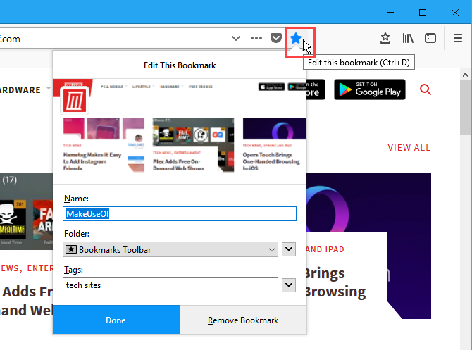Нажмите Изменить эту закладку (значок синей звездочки) в Firefox