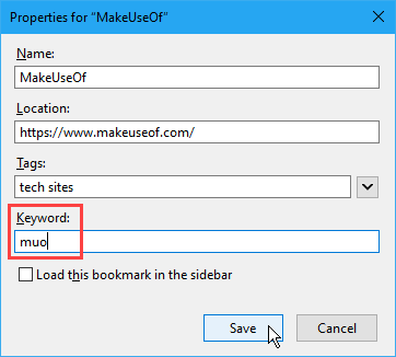 Добавьте ключевое слово в закладки в Firefox