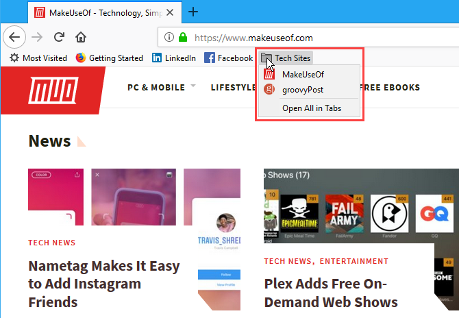 Доступ к закладкам в папке на панели закладок в Firefox